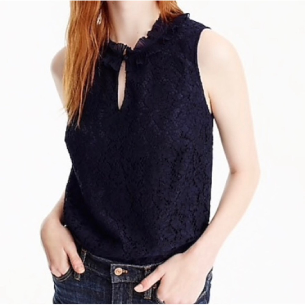 J.Crew Navy‎ Blue Lace Ruffle Mock Neck Sleeveless Top Blouse Size S